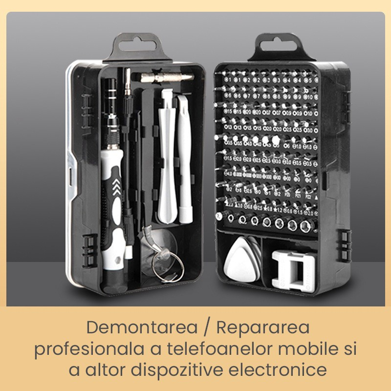 Surubelnite pentru Reparea Telefoanelor, Set 115-in-1 Cromate, Demontarea Repararea Ceasurilor, Electronicelor Mici, Maner detalii Albe, 18 x 11 x 6 cm, Negru [5]
