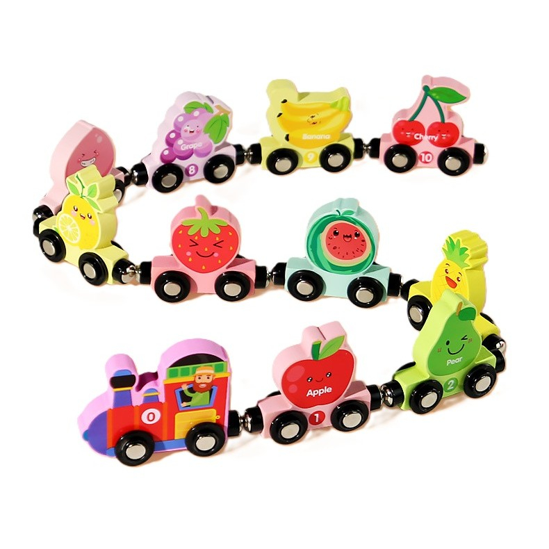 Trenulet Magnetic, din Lemn, Model 10 Fructe, +3 Ani, Jucarie de Asamblat, Multicolor [1]