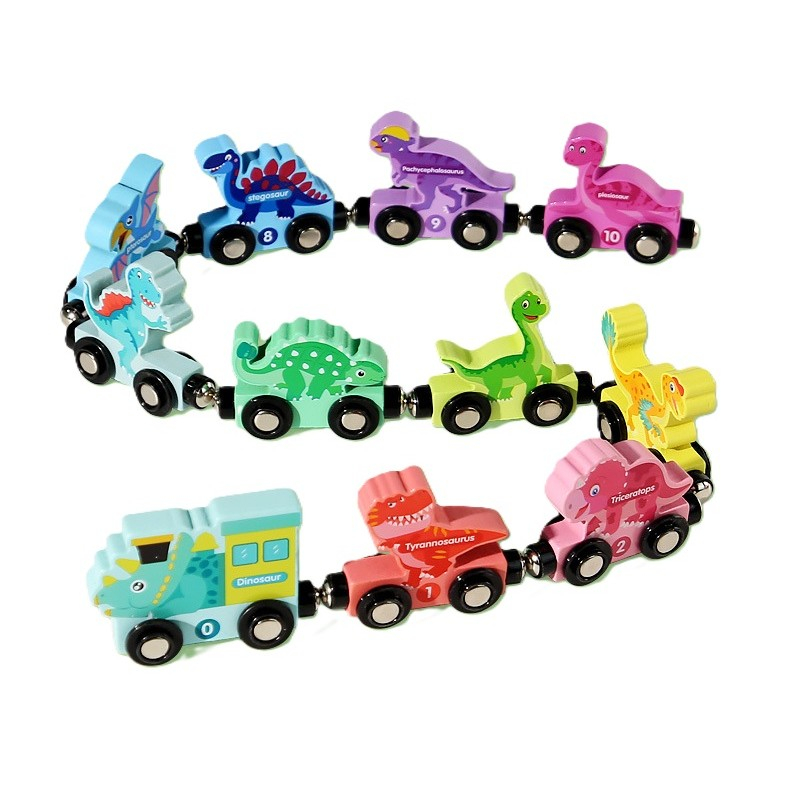 Trenulet Magnetic, din Lemn, Model Dinozauri, 10 Animale, +3 Ani, Jucarie de Asamblat, Multicolor [1]