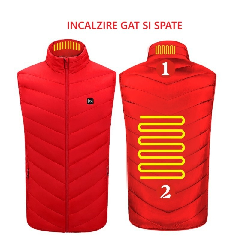 Vesta cu Incalzire, Unisex, 2 Zone de Incalzire, Umplutura Bumbac, 3 Trepte de Temperatura, Incarcare USB, Rosu, 45 - 58 kg, Marime L [5]