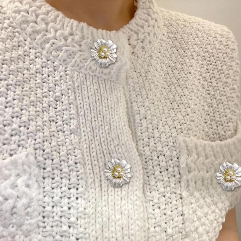 Accesoriu pentru Nasturi, Flippy, Model Floare cu Perle, din Metal, 2.5 x 1.7 cm, Argintiu [1]