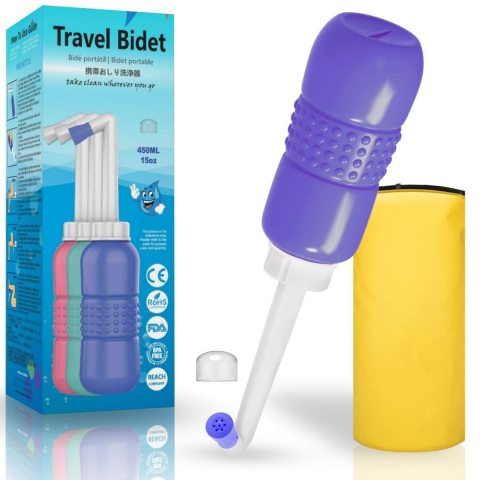 Bideu Portabil pentru Igiena Intima, pentru Postpartum/ Postoperator, 450 mL, cu Capac si Husa Galbena, 29.5x7 cm, Culoare Recipient Mov [4]