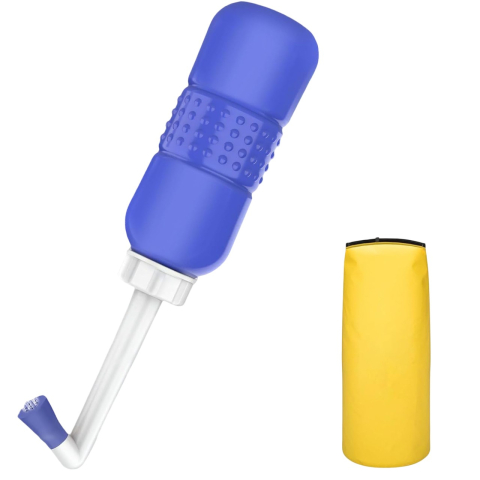 Articole pentru baie - Bideu Portabil pentru Igiena Intima, pentru Postpartum/ Postoperator, 450 mL, cu Capac si Husa Galbena, 29.5x7 cm, Culoare Recipient Mov