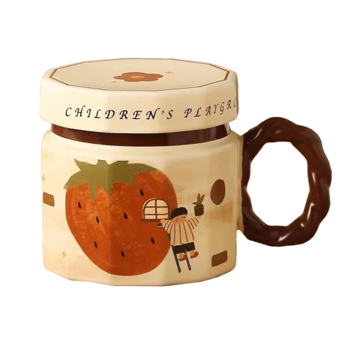 Veselă pentru Masă - Cana din ceramica, Cana pentru Cafea, Ceai, Cana Universala, Unisex, Cana cu Capac, 9 x 8 x 8 cm, 400 ml, Model Capsuna, Bej