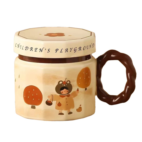 Veselă pentru Masă - Cana din ceramica, Cana pentru Cafea, Ceai, Cana Universala, Unisex, Cana cu Capac, 9 x 8 x 8 cm, 400 ml, Model Fetita, Bej