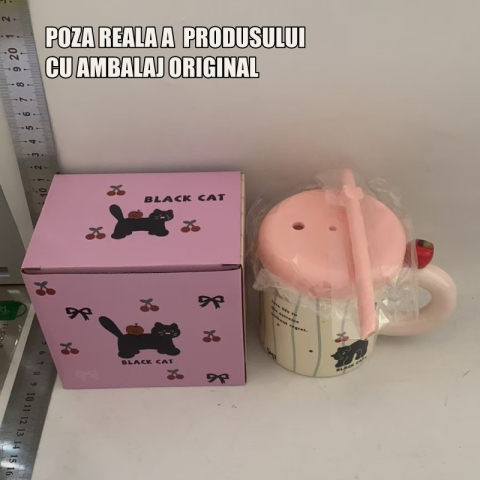 Cana din Ceramica cu Capac si Pai, Capacul si Paiul din Silicon Roz, 9x8.5 cm, Model Cute A, Capacitate 380ml [4]