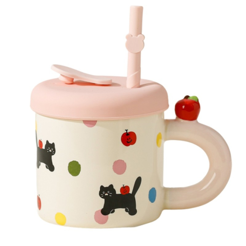 Veselă pentru Masă - Cana din Ceramica cu Capac si Pai, Capacul si Paiul din Silicon Roz, 9x8.5 cm, Model Cute B, Capacitate 380ml