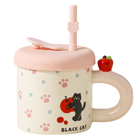 Veselă pentru Masă - Cana din Ceramica cu Capac si Pai, Capacul si Paiul din Silicon Roz, 9x8.5 cm, Model Cute D, Capacitate 380ml