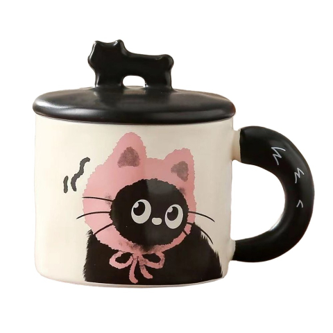 Veselă pentru Masă - Cana din Ceramica, Model in Cutie pentru Cadou, Cana pentru Ceai, Cafea, Cana Retro Design Capac cu Figurina 3D, 9.5 x 8 x 8 cm, 360 ml, Bej, Print Pisica Roz Negru