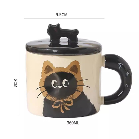 Cana din Ceramica, Model in Cutie pentru Cadou, Cana pentru Ceai, Cafea, Cana Retro Design Capac cu Figurina 3D, 9.5 x 8 x 8 cm, 360 ml, Bej, Print Pisica Maro Negru [2]