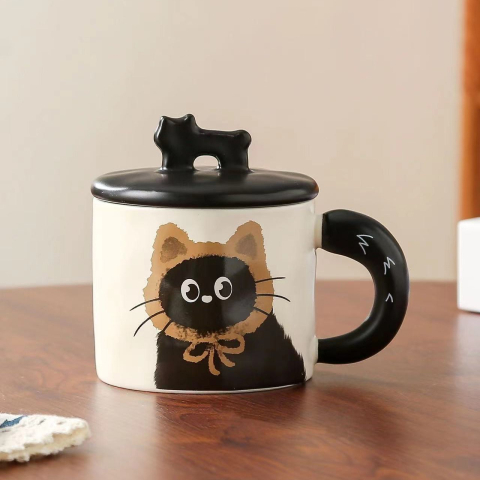 Cana din Ceramica, Model in Cutie pentru Cadou, Cana pentru Ceai, Cafea, Cana Retro Design Capac cu Figurina 3D, 9.5 x 8 x 8 cm, 360 ml, Bej, Print Pisica Maro Negru [1]