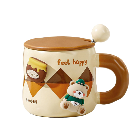 Veselă pentru Masă - Cana din Ceramica, Model Urs pentru Baieti, Cana Universala, Cana pentru Ceai, Cana cu Lingura Metalica si Capac, 9.6 x 9.5 x 9.5 cm, 400 ml Crem