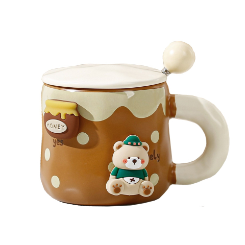 Veselă pentru Masă - Cana din Ceramica, Model Urs pentru Baieti, Cana Universala, Cana pentru Ceai, Cana cu Lingura Metalica si Capac, 9.6 x 9.5 x 9.5 cm, 400 ml Maro inchis