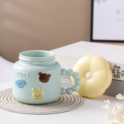 Cana pentru Copii, din Portelan, print Figurine Animalute, Model CUTE, Cana cu Capac, Ceasca pentru Cafea, Ceai, 400ml Albastru deschis [3]