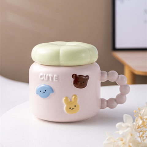 Veselă pentru Masă - Cana pentru Copii, din Portelan, print Figurine Animalute, Model CUTE, Cana cu Capac, Ceasca pentru Cafea, Ceai, 400ml Roz