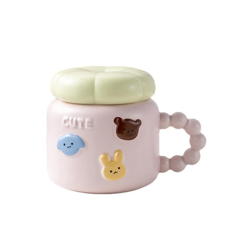 Cana pentru Copii, din Portelan, print Figurine Animalute, Model CUTE, Cana cu Capac, Ceasca pentru Cafea, Ceai, 400ml Roz [2]