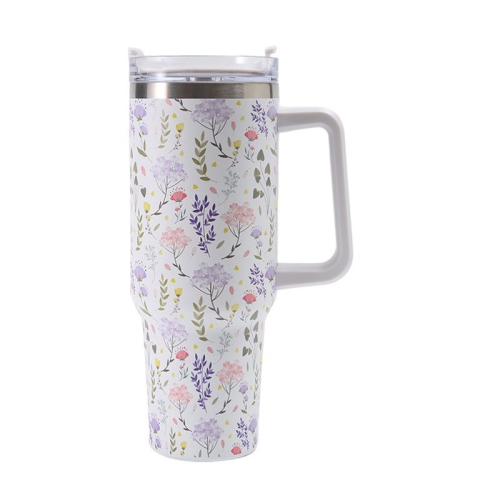 Pahare, Sticle si Cani - Cana Termos din Plastic, pentru Bauturi Calde si Reci, cu Maner, Imprimeu Floral, Alb, 10x7.6x27.5 cm