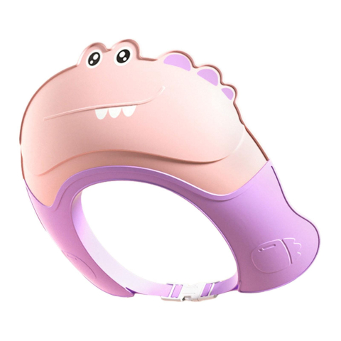 Articole pentru baie - Casca de Dus, Previne Scurgerea Apei si Samponului pe Fata, 0-12 Ani, Ajustabila, din TPE+PP, 20 x 23 cm, Model Crocodil, Roz/Mov