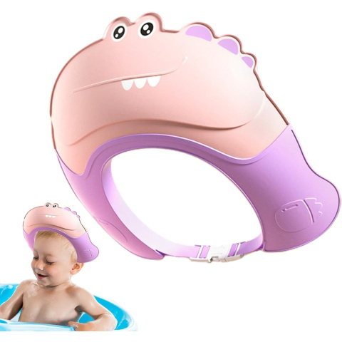 Casca de Dus, Previne Scurgerea Apei si Samponului pe Fata, 0-12 Ani, Ajustabila, din TPE+PP, 20 x 23 cm, Model Crocodil, Roz/Mov [2]