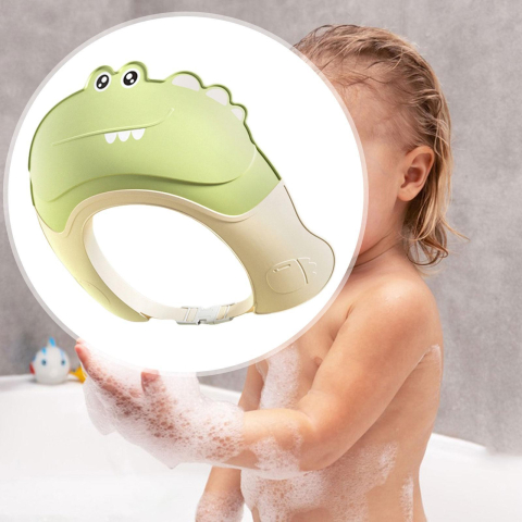 Casca de Dus, Previne Scurgerea Apei si Samponului pe Fata, 0-12 Ani, Ajustabila, din TPE+PP, 20 x 23 cm, Model Crocodil, Verde [4]
