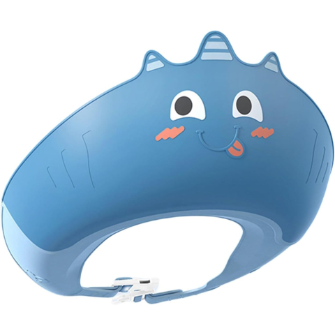 Articole pentru baie - Casca de Dus, Previne Scurgerea Apei si Samponului pe Fata, 0-12 Ani, Ajustabila, din TPE+PP, 20 x 23 cm, Model Unicorn, Albastru