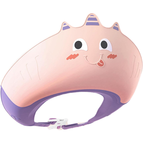 Articole pentru baie - Casca de Dus, Previne Scurgerea Apei si Samponului pe Fata, 0-12 Ani, Ajustabila, din TPE+PP, 20 x 23 cm, Model Unicorn, Roz/Mov