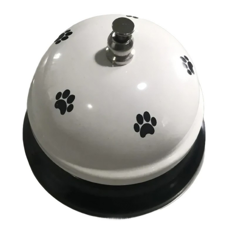 Articole pentru Animale - Clopotel Metalic Multifunctional, Alb cu Imprimeu Labuta Neagra, 7.5x7.5x6.5 cm, Dresaj, Receptie, Restaurante