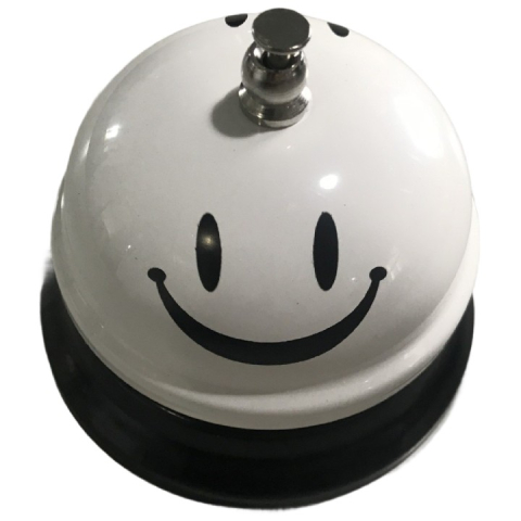 Accesorii Bucătărie - Clopotel Metalic Multifunctional, Alb cu Imprimeu Smiley Face, 7.5x7.5x6.5 cm, Receptie, Restaurant, Cafenele
