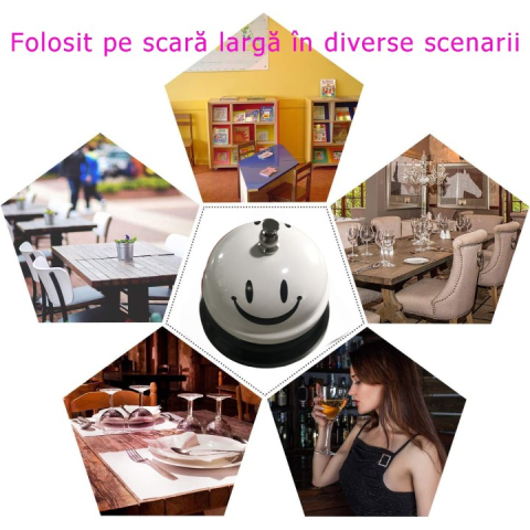 Clopotel Metalic Multifunctional, Alb cu Imprimeu Smiley Face, 7.5x7.5x6.5 cm, Receptie, Restaurant, Cafenele [4]