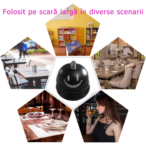 Clopotel Metalic Multifunctional, Negru cu Imprimeu Smiley Face, 7.5x7.5x6.5 cm, Receptie, Restaurant, Cafenele [4]