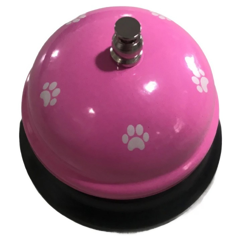Articole pentru Animale - Clopotel Metalic Multifunctional, Roz cu Imprimeu Labuta Alba, 7.5x7.5x6.5 cm, Dresaj, Receptie, Restaurante