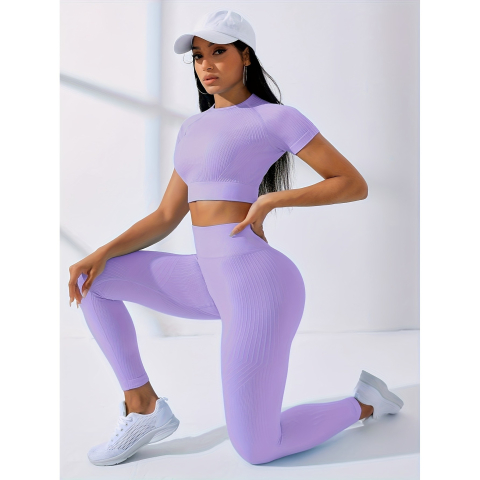 Costum pentru Fitness/Yoga, pentru Femei, Material Elastic, Spandex, Talie Inalta, Mov, Marime S [5]