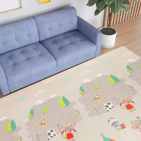 Covoras pentru Copii, cu 2 Fete, Model Maimute/Indieni, din XPE+PE, Impermeabil, Antiderapant, Protectie Termica, +3 Luni, Pliabil, 150 x 200 x 1 cm, Multicolor [1]