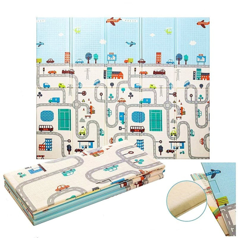 Covorase de joaca - Covoras pentru Copii, cu 2 Fete, Model Trafic/Girafe, din XPE+PE, Impermeabil, Antiderapant, Protectie Termica, +3 Luni, Pliabil, 180 x 200 x 1 cm, Multicolor