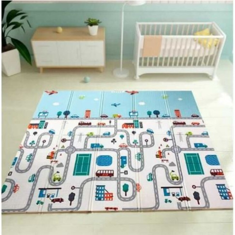 Covoras pentru Copii, cu 2 Fete, Model Trafic/Girafe, din XPE+PE, Impermeabil, Antiderapant, Protectie Termica, +3 Luni, Pliabil, 180 x 200 x 1 cm, Multicolor [4]