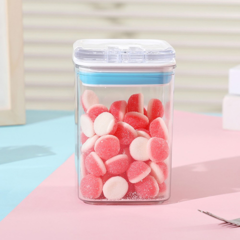 Cutie de Depozitare Alimente, tip Container, 0.8L, 10x10x15.5 cm, Recipiente pentru Cereale in Bucatarie, Transparente cu Capac Alb-Albastru [2]