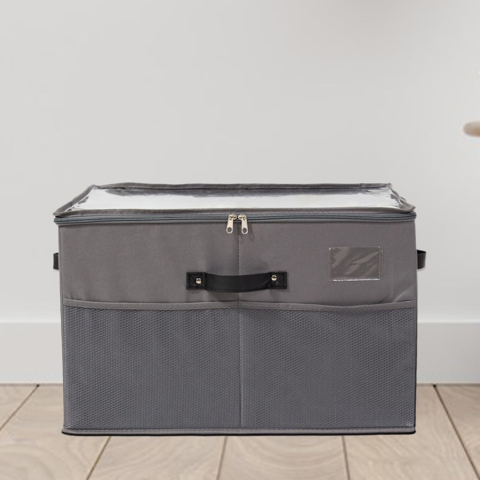 Cutie de Depozitare pentru Pantofi, 53x42x33 cm, cu Capac Transparent si Fermoar, din Panza Oxford, Pliabila, Gri [3]