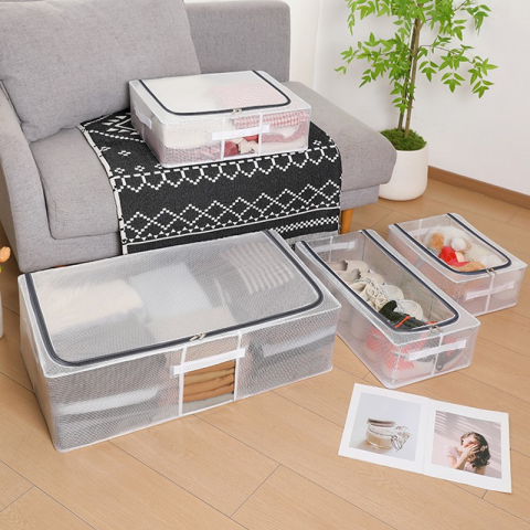 Cutie de Depozitare, pentru Pantofi Haine, din Plasa PVC Impermeabila si Cadru de Otel, Pliabila, Fermoar Bidirectional, 40 x 30 x 15 cm Transparenta [1]