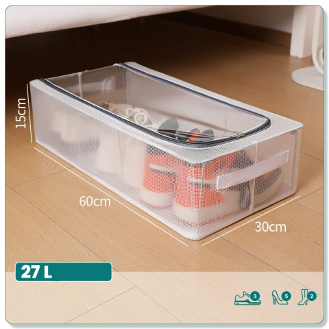 Cutie de Depozitare, pentru Pantofi Haine, din Plasa PVC Impermeabila si Cadru de Otel, Pliabila, Fermoar Bidirectional, 60 x 30 x 15 cm, Transparenta [2]