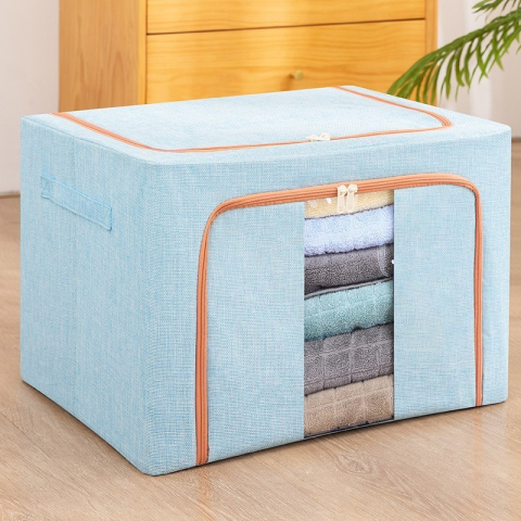 Cutie de Depozitare Pliabila, 100 L, din Bumbac si In, 60x42x40 cm, 2 Ferestre, Frontala si Laterala, 2 Usi de Acces cu Fermoar Bidirectional, Cadru Metalic, Suport Baza Stabil din Plastic, Bleu [2]