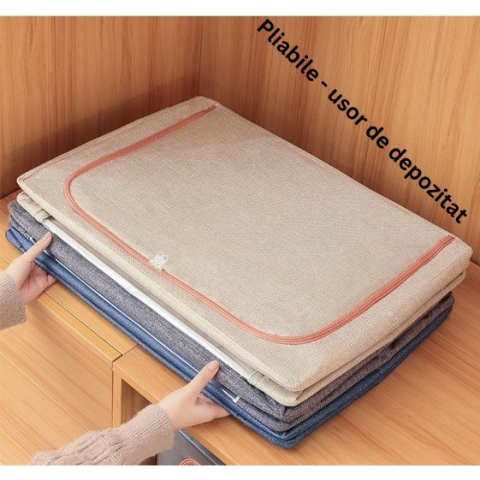 Cutie de Depozitare Pliabila, 66 L, din Bumbac si In, 33x40x50 cm, 2 Ferestre, Frontala si Laterala, 2 Usi de Acces cu Fermoar Bidirectional, Cadru Metalic, Suport Baza Stabil din Plastic, Roz Pudrat [6]