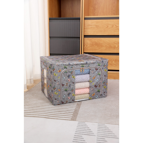 Cutie Depozitare, 66L, din Material Textil, 50 x 40 x 33 cm, pentru Haine si Lenjerii, Model Fluturasi, Gri Inchis [2]