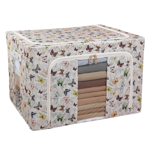 Articole pentru Casa si Curatenie - Cutie Depozitare, 66L, din Material Textil, 50 x 40 x 33 cm, pentru Haine si Lenjerii, Model Fluturasi, Multicolor