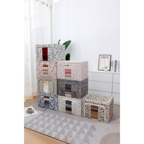 Cutie Depozitare, 66L, din Material Textil, 50 x 40 x 33 cm, pentru Haine si Lenjerii, Model Fluturasi, Roz [2]