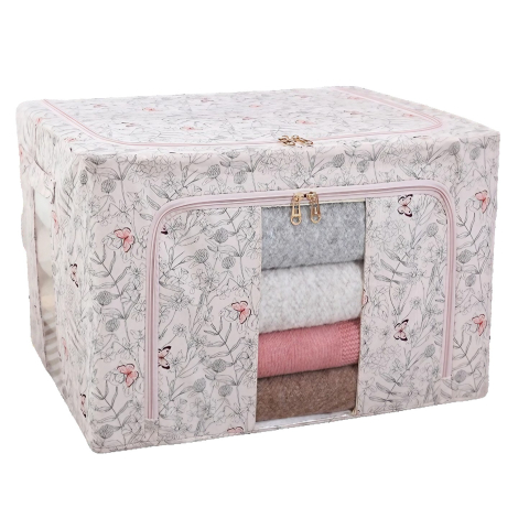 Articole pentru Casa si Curatenie - Cutie Depozitare, 66L, din Material Textil, 50 x 40 x 33 cm, pentru Haine si Lenjerii, Model Fluturasi, Roz