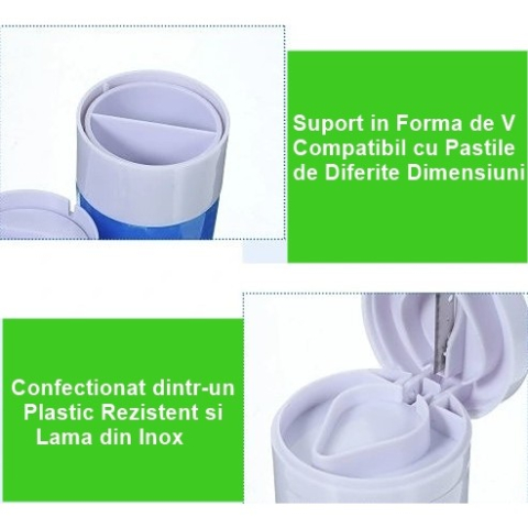 Cutie Pastile Multifunctionala, Flippy, 4 in 1, Pahar Apa, Taiere, Sfaramare, Depozitare, Compact, ABS cu Lama din Inox, Alb/Albastru, 8.7x6.2x4.1 cm [2]