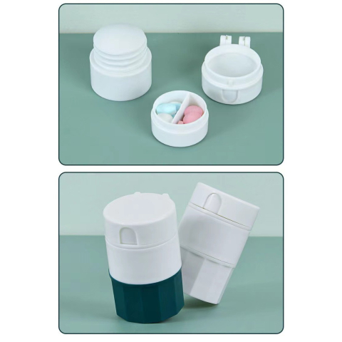 Cutie Pastile Multifunctionala, Flippy, 4 in 1, Pahar Apa, Taiere, Sfaramare, Depozitare, Compact, ABS cu Lama din Inox, Alb/Verde, 8.7x6.2x4.1 cm [3]