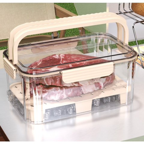 Cutie pentru Depozitare Alimente, de Uz Casnic, 2 Compartimente, Zona pentru Gheata, Mentinere Fresh, cu Maner, Material PET, 23x15x10.8 cm, Bej [9]