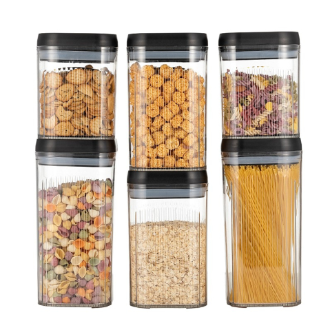 Organizatoare si Depozitare Bucatarie - Cutii de Depozitare Alimente, Set din 6 Cutii de tip Container, Recipiente pentru Cereale in Bucatarie, Transparente cu Capac Negru
