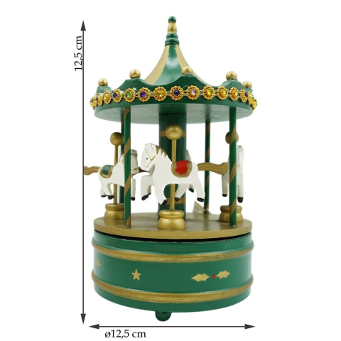 Cutiuta muzicala decorata de Craciun, Carusel rotativ, Verde, din Lemn, Interior, [10]